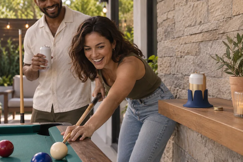 Two adults playing pool beer can on separate broad wall drink shelf outside cue swing never on pool table. AI lifestyle illustration.