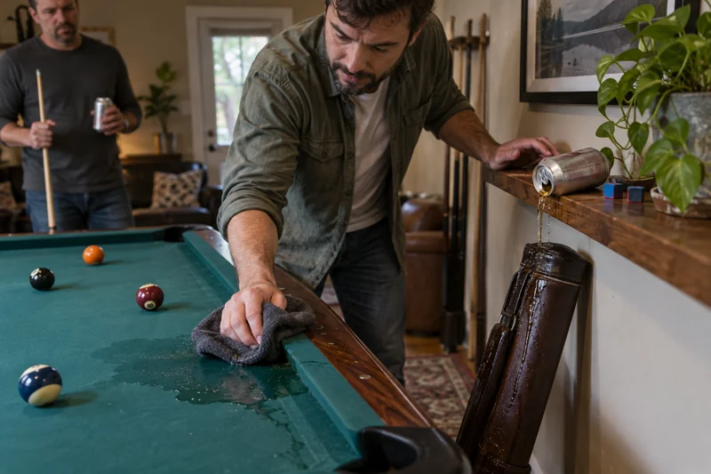 Reaching for chalk catches can on nearby narrow shelf; beer wets chalk cloth and cue case. AI illustration.